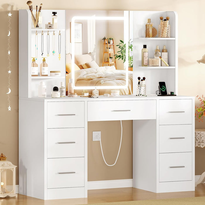 White Vanity Desk With Illuminated Mirror PowerOutlet