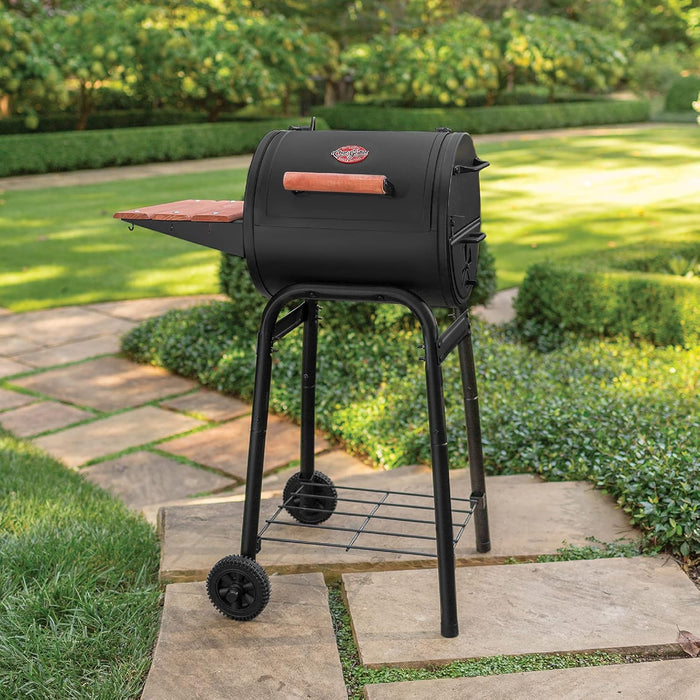 ® Patio Pro Charcoal Grill and Smoker with Cast Iron Grates, Premium Wood Shelf and Damper Control, 250 Cooking Square Inches in Black, Model E1515