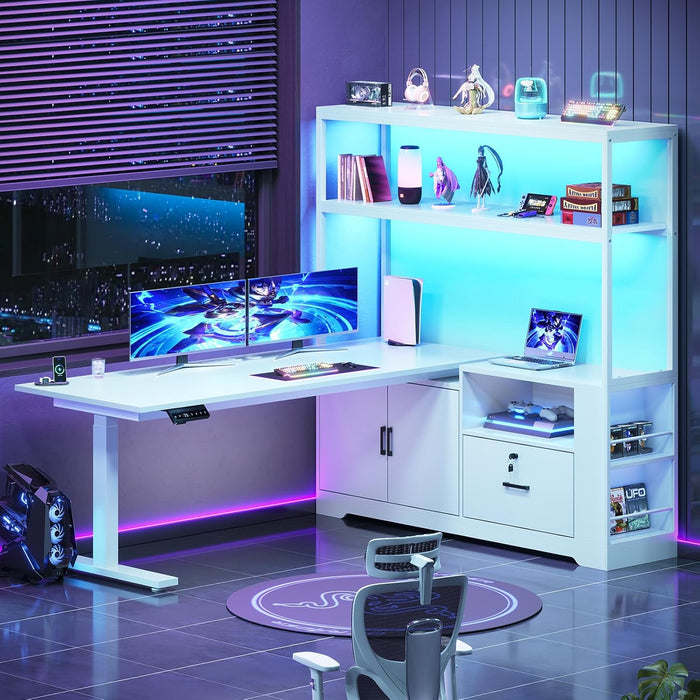 56.7" L Shaped Standing Desk, Reversible Computer Office Desk with Drawers & Hutch, Stand up Corner Gaming Desks with LED Lights & Power Outlets for Home Office, White