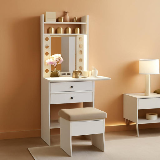 Compact Girls Vanity Desk with LED Mirror, 20-Inch Narrow Tall Makeup Table for Small Bedrooms, Foldable Side Panel, 2 Drawers & Shelves, Charging Station, Storage Stool, White