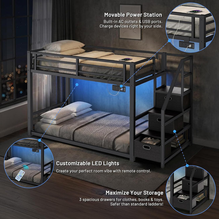 Black Twin Over Twin Metal Bunk Bed StorageDrawers