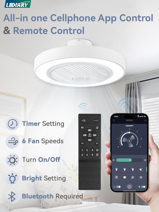 22In Enclosed Ceiling Fan with Light and Remote, White Modern Bladeless Ceiling Fan with Bright Light, Led Flush Mount Ceiling Fans for Bedroom, Living Room, Kid Room(6 Speeds, 3000-6000K)
