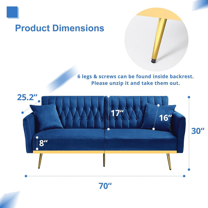 2 Pieces Velvet Futon Sofa Set with Adjustable Backrests and Armrests, 70” Convertible Sofa Bed & Tufted Accent Chair with Ottoman for Living Room, Blue