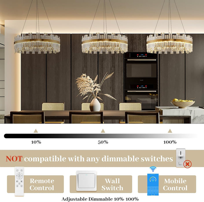 Gold Modern Crystal Led Chandelier,Round Drum Chandelier over Table | 23.6" Dimmable Led Golden Luxury Chandelier,K9 Crystals Height Adjustable Chandelier for Dining Room Living Room Bedroom