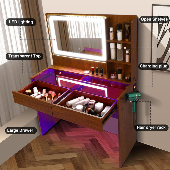 Illuminated LED Vanity Desk Glass Surface StorageDrawers