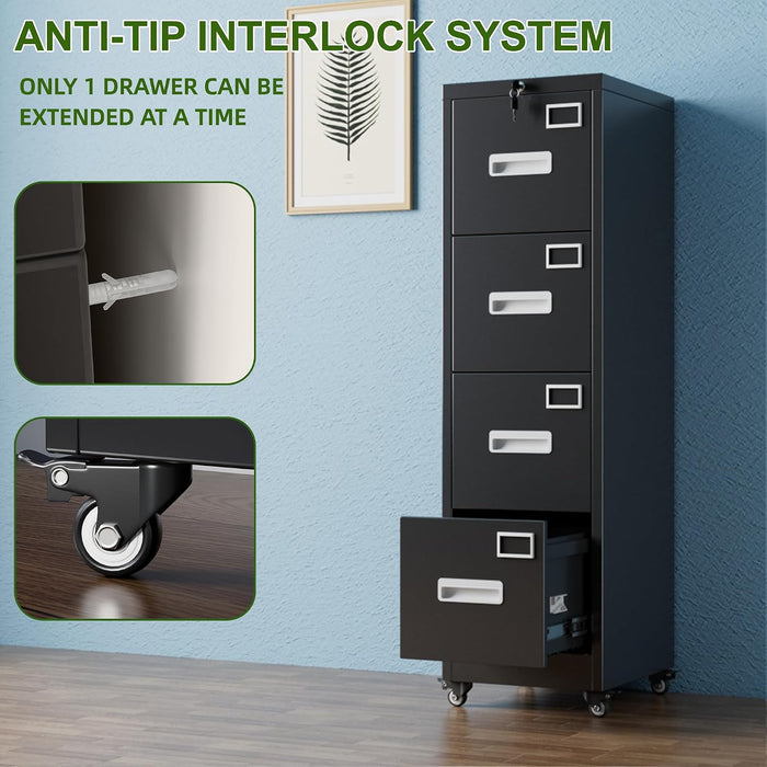 4 Drawer Metal File Cabinet with Lock and Wheels, Black