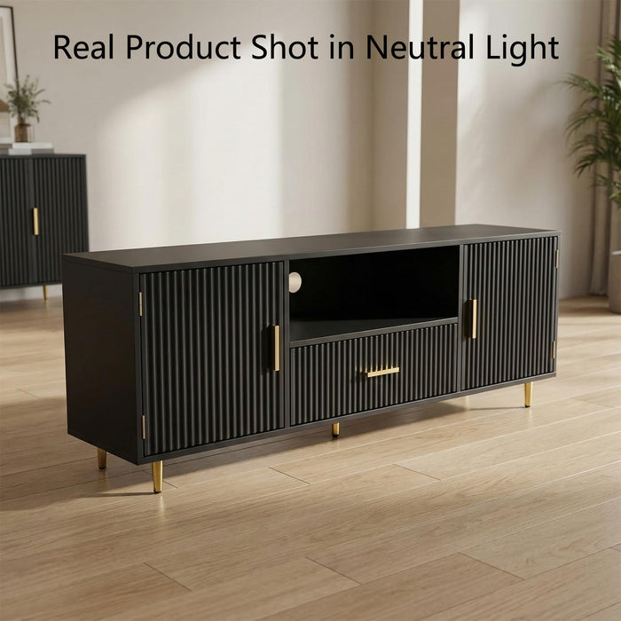 Modern Fluted TV Stand for 55/60/65 Inch TV, 57" Entertainment Center Media Console Table with Drawer & Storage Cabinets, Ribbed Design TV Cabinet Credenza for Living Room, Black