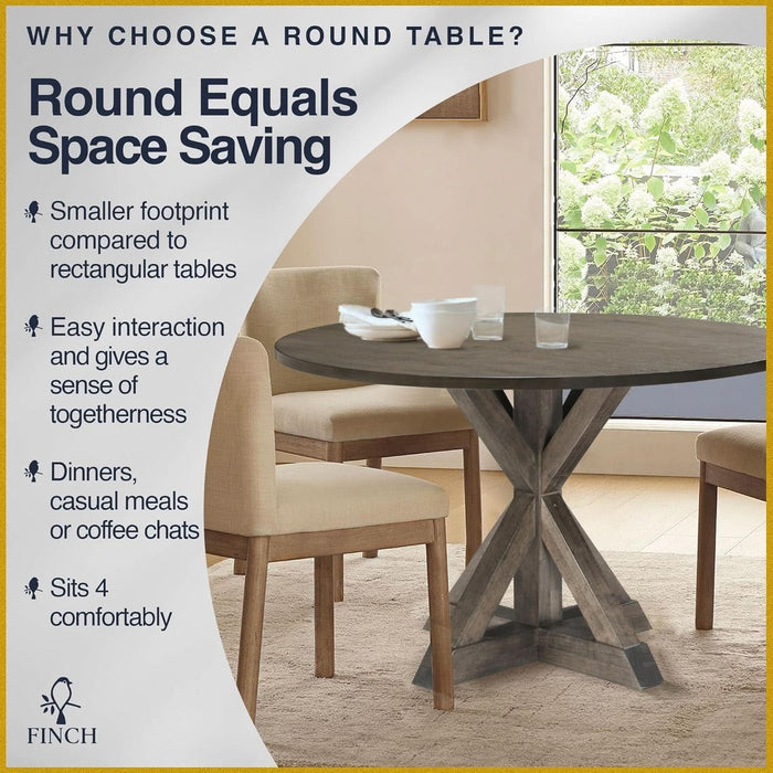 Alfred round Solid Wood Rustic Dining Table for Farmhouse Kitchen Room Decor, Wooden Trestle Pedestal Base, 46.5" Wide Circular Tabletop, Distressed Brown