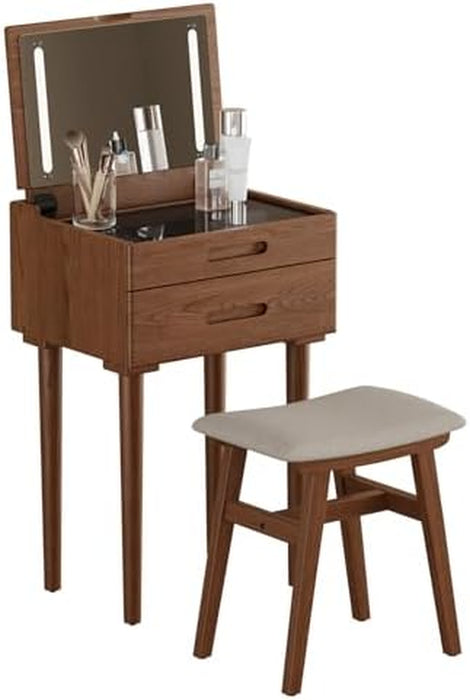 Small Vanity Desk and Vanity Stool Bundle, Vanity Set with Mirror and Stool and Lights, Solid Wood Vanity Desk and Chair Set, Makeup Vanities & Vanity Benches (Vanity 19.6 Inch Wide, Walnut)