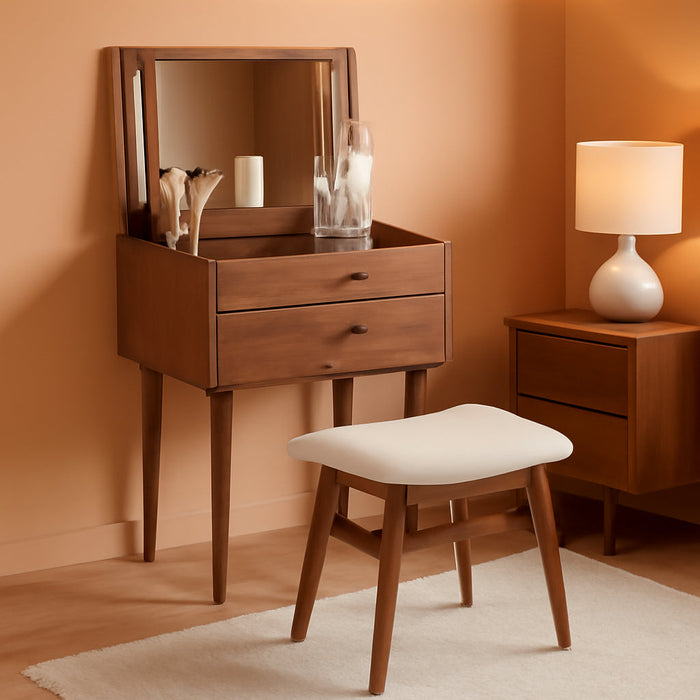 Small Vanity Desk and Vanity Stool Bundle, Vanity Set with Mirror and Stool and Lights, Solid Wood Vanity Desk and Chair Set, Makeup Vanities & Vanity Benches (Vanity 19.6 Inch Wide, Walnut)