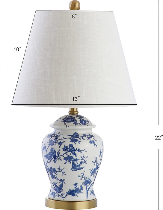 22" Blue/White Ceramic Table Lamp, French Country Chinoiserie Ginger Jar LED Bedside Lamp for Living Room Bedroom, White Linen Shade, JYL3005A