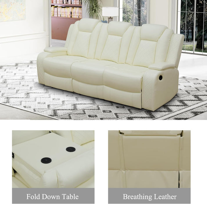 Leather Power Recliner Sofa Set with LED, Living Room Furniture Set, Leather Sofa Set with USB Port Storage Console Cup Holder (Power Reclining Sofa Set, Cream White)