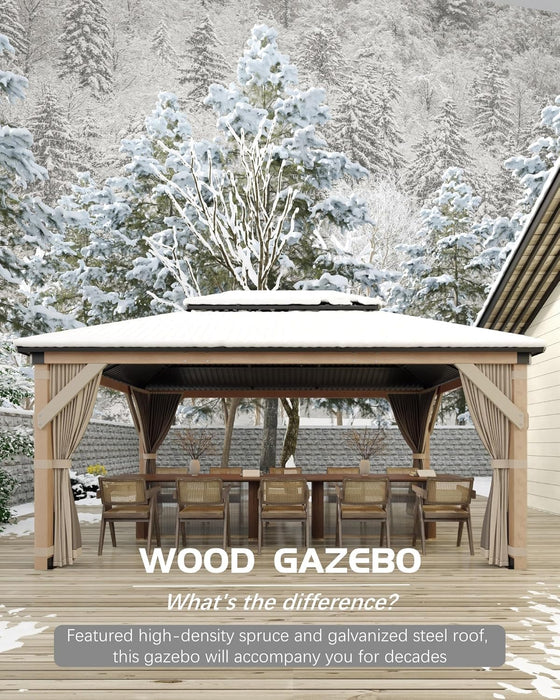 10X12 Ft Hardtop Wood Gazebo for All Weather, Double Metal Roof, Heavy Duty Cedar Frame, Curtains & Netting, Permanent Outdoor Pavilion for Patio, Deck, Backyard, Lawn, Garden, Khaki