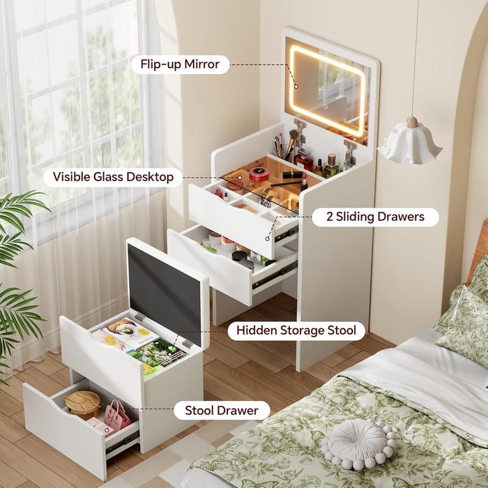 Compact Vanity Desk with Mirror and Lights, 19 Inch Hidden Makeup Vanity Cabinet with Storage Drawers & Shelves, Small Vanity Table for Bedroom, Flip Top Vanity for Small Spaces, White