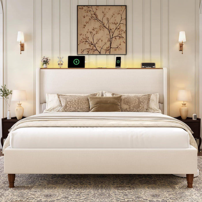 Queen Size Bed Frame with LED Lights and Charging Station Linen Upholstered Platform Bed Frame with 51.2" Tall Headboard Wingback and Storage Shelf, No Box Spring Needed, Noise Free, Beige