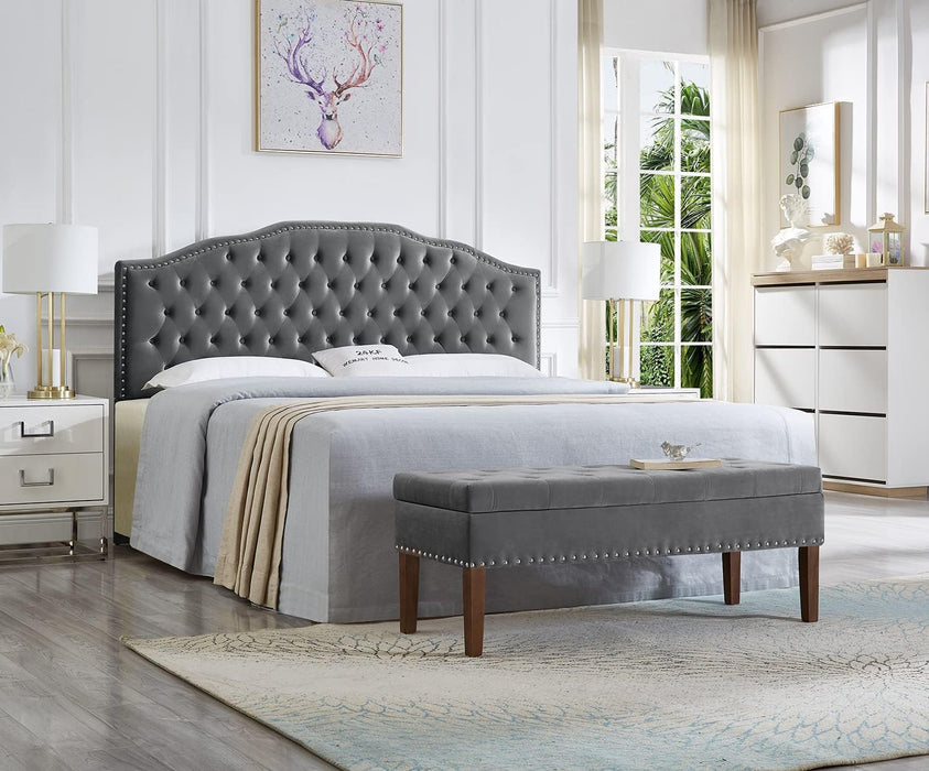Upholstered Button Tufted King Size Headboard with Nailhead Trim, Soft Velvet Fabric Headboard King/Cal King Size -Dark Gray