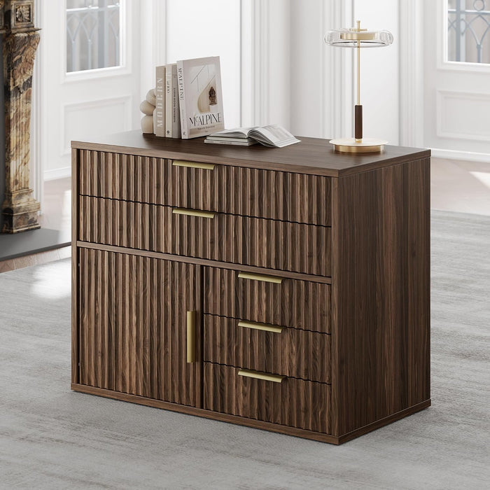 Fluted Lockable File Cabinet Five Drawers WalnutFinish