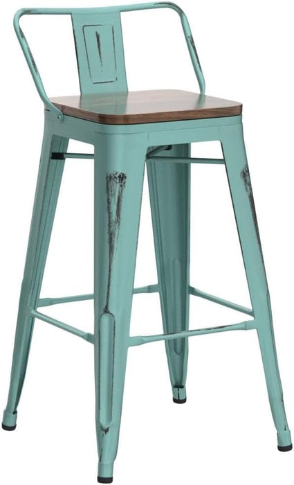 Bar Stools Set of 4, 24" Distressed Barstools, Green Blue | Metal Modern Industrial Counter Height Stools, Distressed, Wooden Seat, Footrest, Counter Height, Set of 4, 350 Lb