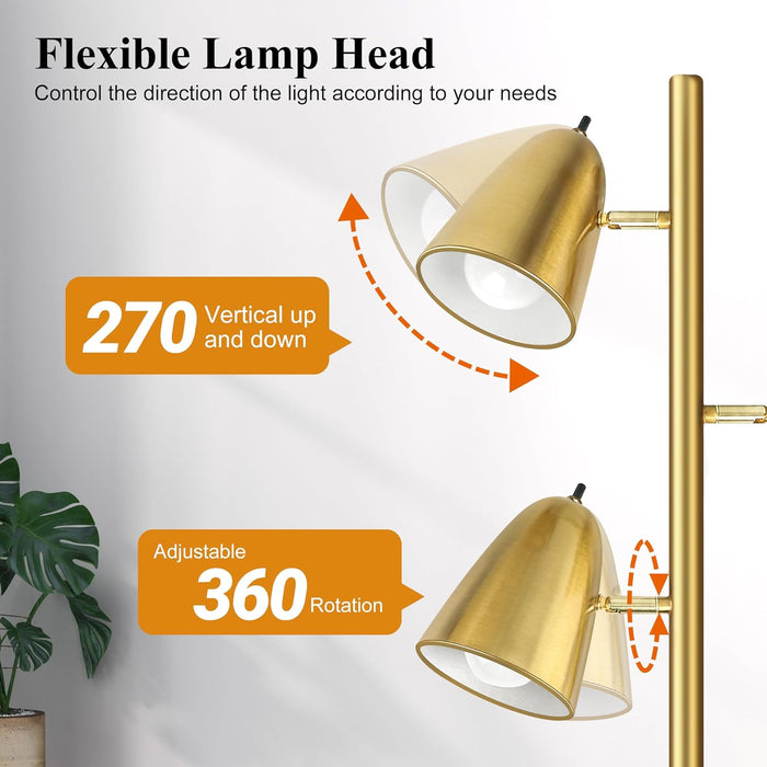 Tree Floor Lamp with 3 Light Bulbs, Standing Tall Pole Lamps for Living Room Bedroom Office, Reading Stand up Lamps with 3 Adjustable Arms, Brushed Gold