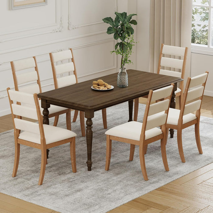 Dining Chairs Set of 6 Farmhouse Kitchen Chairs with Upholstered Cushion Back and Seat Ladder Back Side Chairs for Dining Room Living Room Restaurant(Brown Frame, Chenille Beige)