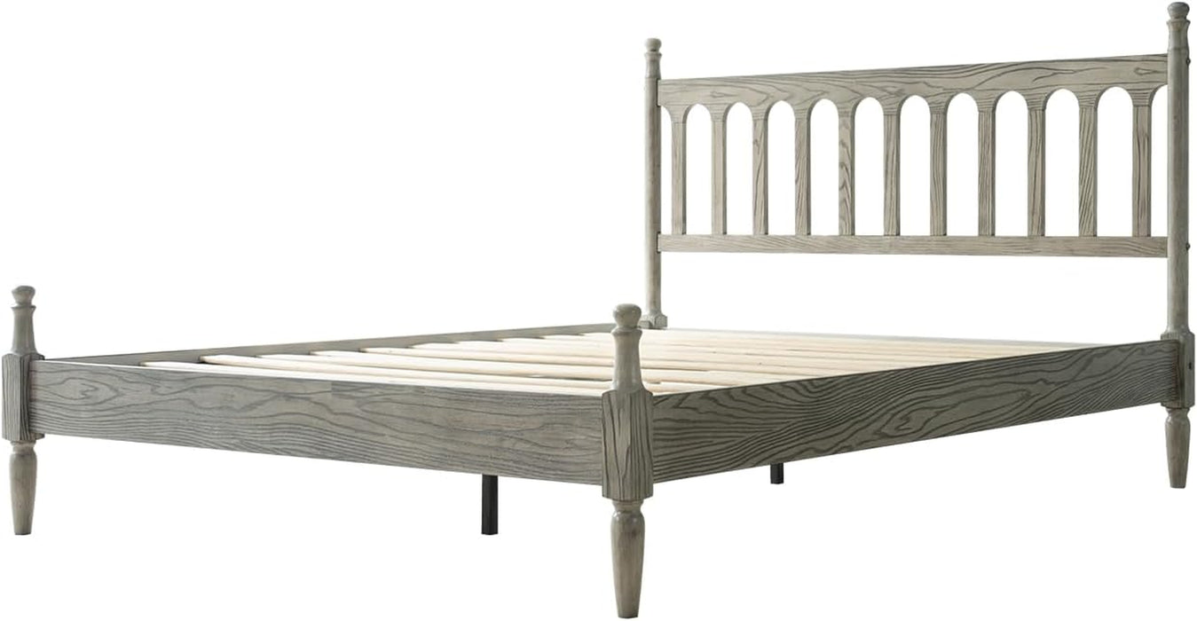 Queen Size Bed Frame, Solid Wood Platform Bed with Headboard & Footboard, Central Metal Legs, 12 Sturdy Slatted Base, Anti-Noise & Slip-Free, No Box Spring Needed, Weathered Gray Oak Finish WCQ-34