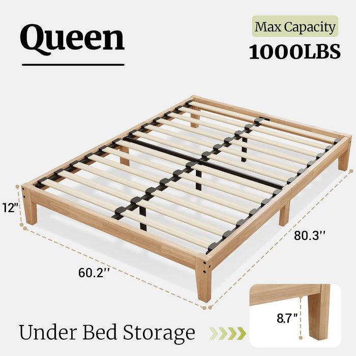 12 Inch Queen Solid Wood Platform Bed with Wooden Slats, No Box Spring