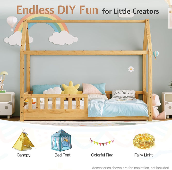 Twin Size NaturalWood PlayhouseStyle Bed Guardrails
