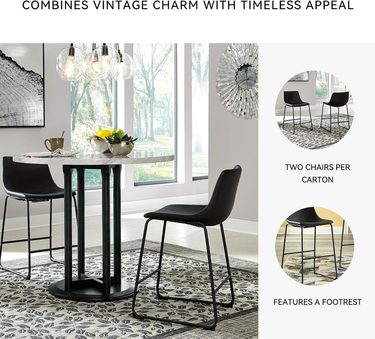 Signature Design by Ashley Counter Height Bar Stool, Set of 2, Black | French Black Faux Leather, Contoured Bucket Seat, Sturdy Metal Frame, 24 Inch Class, Centiar Series