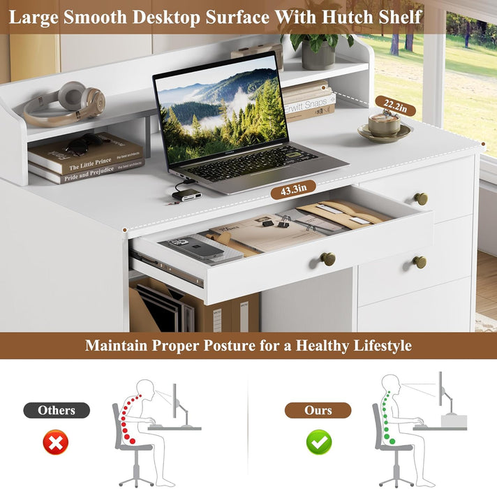 Computer Desk with Drawers and Hutch Shelf, Wood Executive Desk Writing Study Table with 43” Wide Tabletop, Small Desk with File Drawer for Home Office Bedroom, White