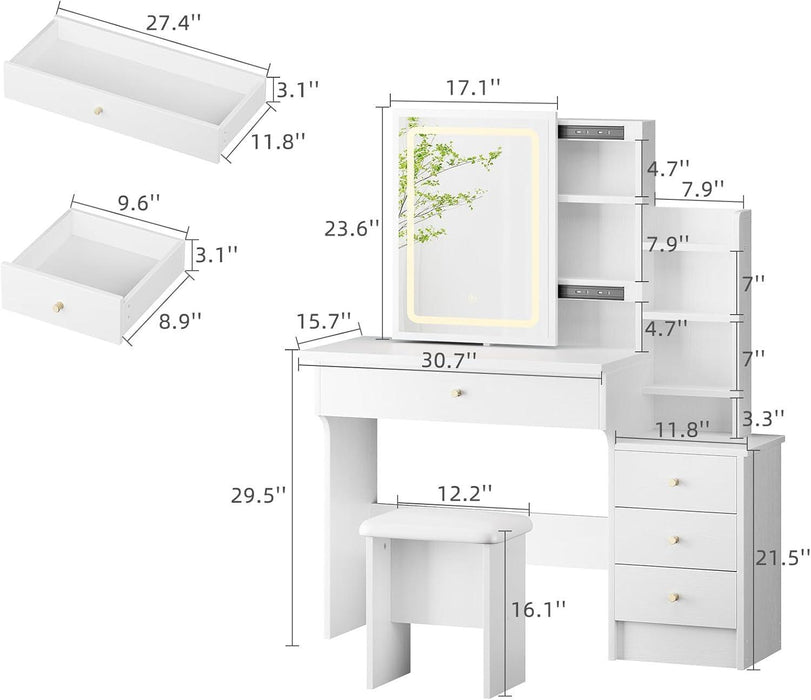 Vanity Desk with Mirror and Lights, Makeup Vanity with 3 Adjustable Lighting Modes, Small Vanity Desk with Sliding Mirror, 4 Drawers, 7 Shelves, Vanity Chair for Bedroom White