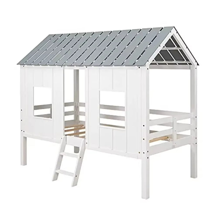 Wooden Twin House Bed Frame White/Grey Roof Boys and Girls Playhouse Design Semi-Enclosed Space No Box Spring Needed Sturdy Pine