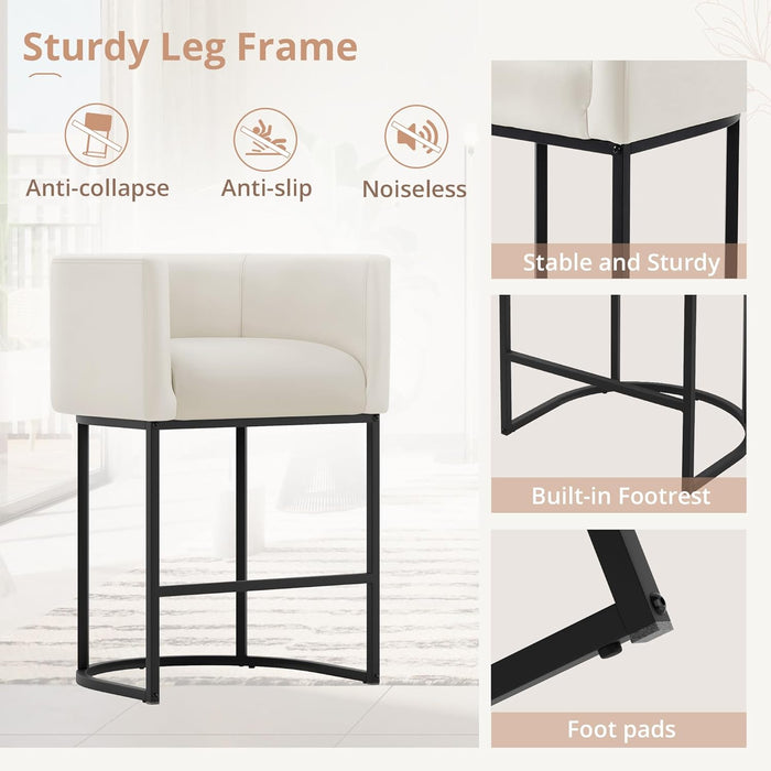 27" H Counter Height Bar Stools, Modern Barrel Counter Stools with Backrest and Arms, Black Metal Frames, Faux Leather Upholstered Accent Barstools for Kitchen Island, Antique White
