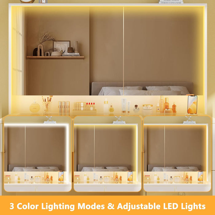 Vanity Desk with Mirror and Lights, 35.4'' Makeup Vanity with Glass Top & Power Outlet, White Vanity Table with 4 Large Drawers & 3 Hidden Storage Shelves, 3 LED Lighting Modes & Adjustable Brightness