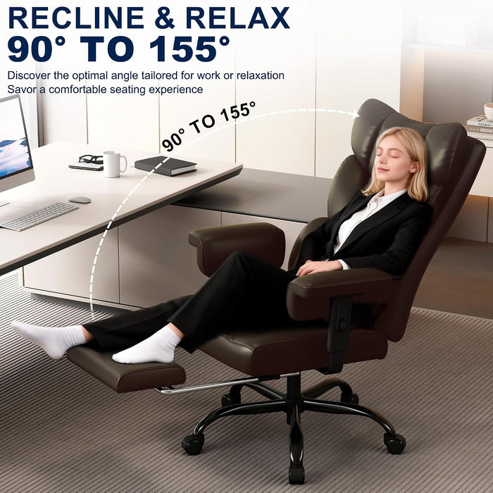 Big and Tall Office Chair with Footrest, High Back Executive Desk Chair with Adjustable Lift Armrest, 155°Recline, Lumbar Support Pillow, Faux Leather Gaming Chairs for Home or Office Brown