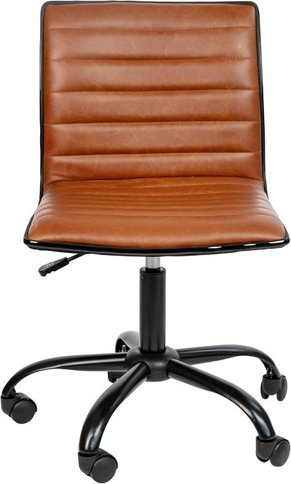 Alan Low-Back Ribbed Upholstered Vinyl Swivel Desk Chair with Padded Seat, Modern Adjustable Height Padded Office Chair, Brown