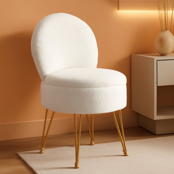 Vanity Stool Chair with Storage and Folding Back, 15.7" X 15.7" X 19.5" Faux Fur Soft Ottoman for Adults, 4 Metal Legs with Anti-Slip Feet, Furry Padded Seat for Makeup, Bedroom, White