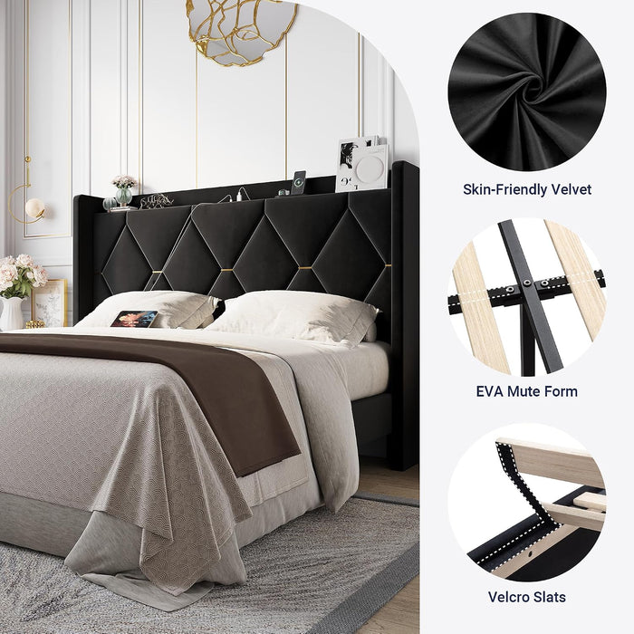 Queen Bed Frame with Storage Headboard & Smart Charging Station