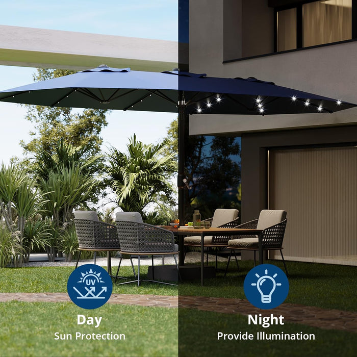 15FT Rectangular Outdoor Umbrella Patio Umbrella with Solar Lights & Base Included Large Market Umbrellas with Crank Handle UV Protection Table Umbrellas for Outdoor, Backyard, Deck, Navy Blue