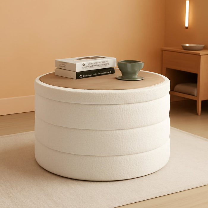 round Ottoman with Stroage, Boucle Storage, Foot Stool Foldable Coffee Table Ottoman for Living Room, Bedroom, Dorm (White)