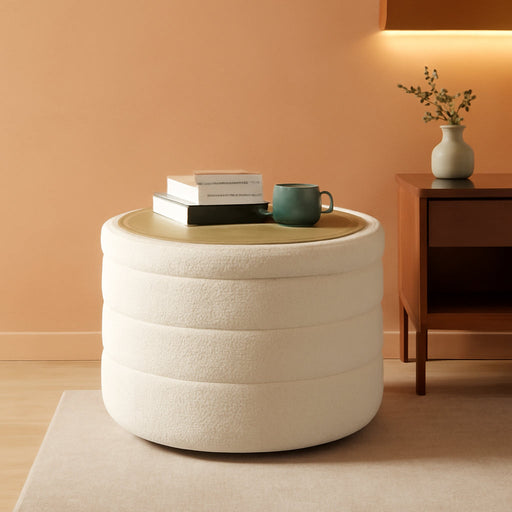 round Ottoman with Stroage, Boucle Storage, Foot Stool Foldable Coffee Table Ottoman for Living Room, Bedroom, Dorm (White)