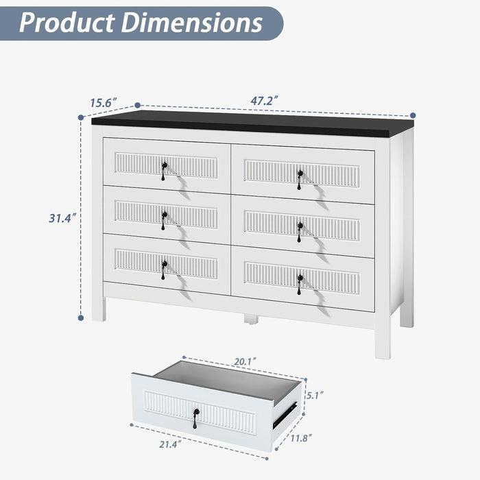 White Dresser for Bedroom Modern: 47" Wide 6 Drawer Dresser with Deep Drawers, Large Chest of Drawers with Metal Handles, Wood Dressers for Living Room, Hallway