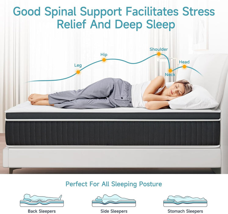 Full Mattress 10 Inch, Medium Firm, Memory Foam & Pocketed Coil Hybrid, Pressure Relief & Edge Support, White & Black, 54"W X 75"D X 10"H