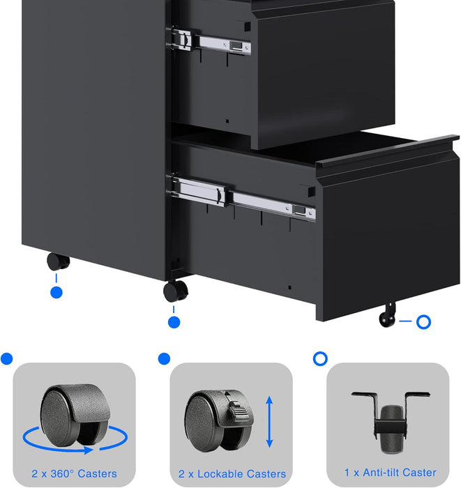 2 Drawer Vertical File Cabinet with Lock, Mobile Metal Filing Cabinet for Legal/Letter Size, Office Storage File Cabinet under Desk, Fully Assembled except Wheels, Black
