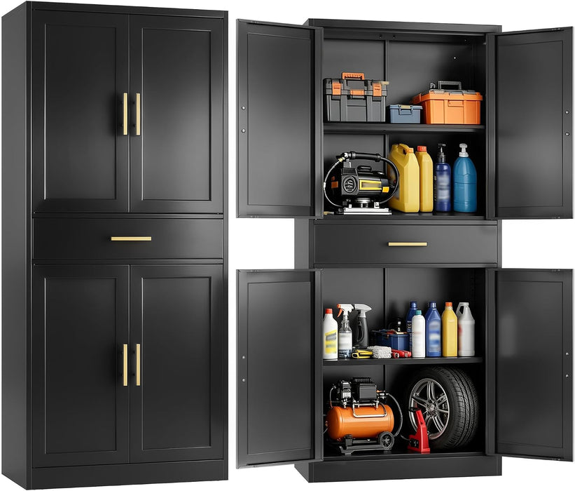 SeventyOneInchHeavyDutySteelStorageCabinetDrawerAdjustableShelvesBlack