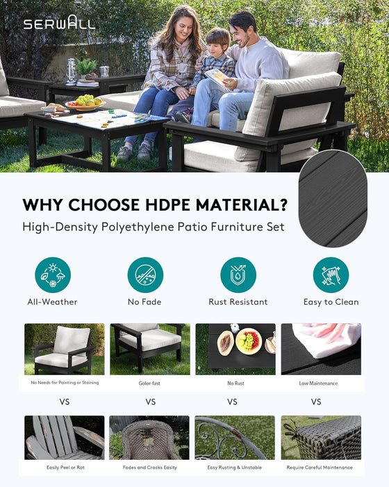 HDPE Outdoor Patio Furniture Set, 7-Piece Outdoor Sectional Patio Conversation Set, All Weather Outdoor Couch Set Patio Sofa Set for Deck, Lawn, Black Frame with Khaki Cushion