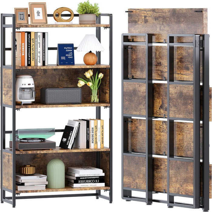 No Assembly 5 Tiers Folding Bookshelf 56.14''H Extra Storage,Rustic Brown