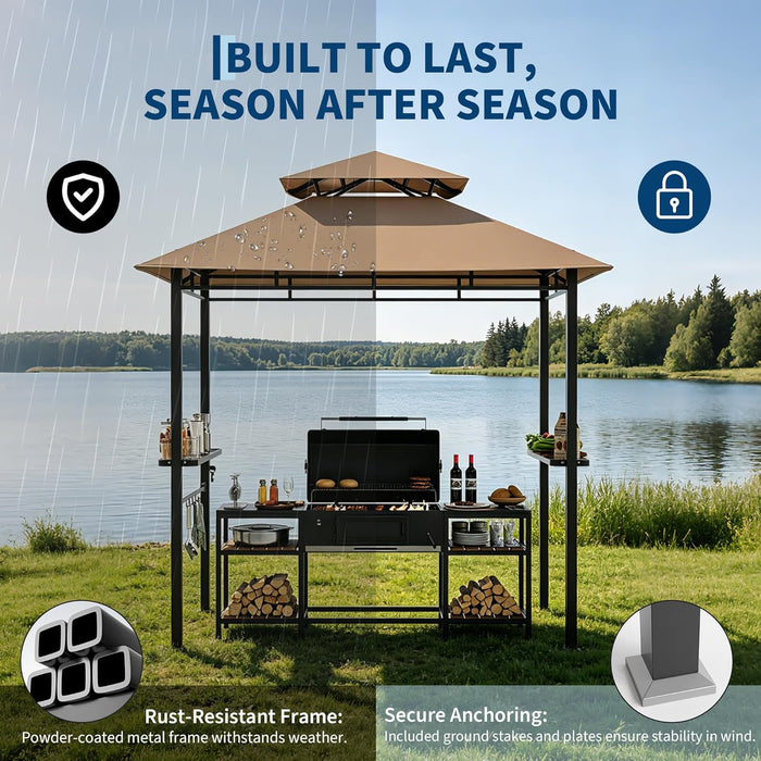 8X5 Ft BBQ Grill Gazebo with Double Roof, Outdoor Grill Shelter with 2 Side Shelves & Tool Hooks, Weather-Resistant Patio Shelter for Backyard Cooking
