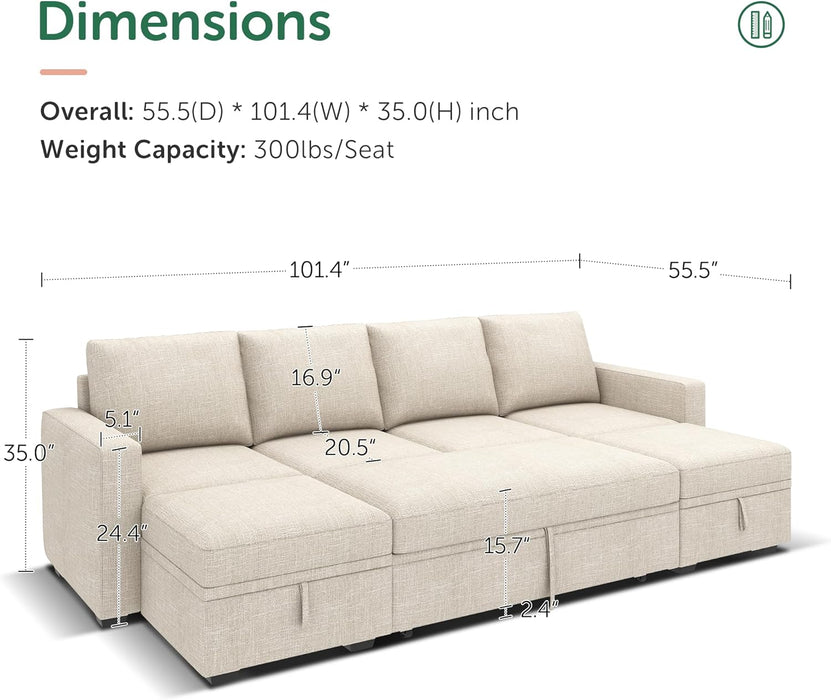 Beige Modular Sleeper Sectional With Storage Ottoman