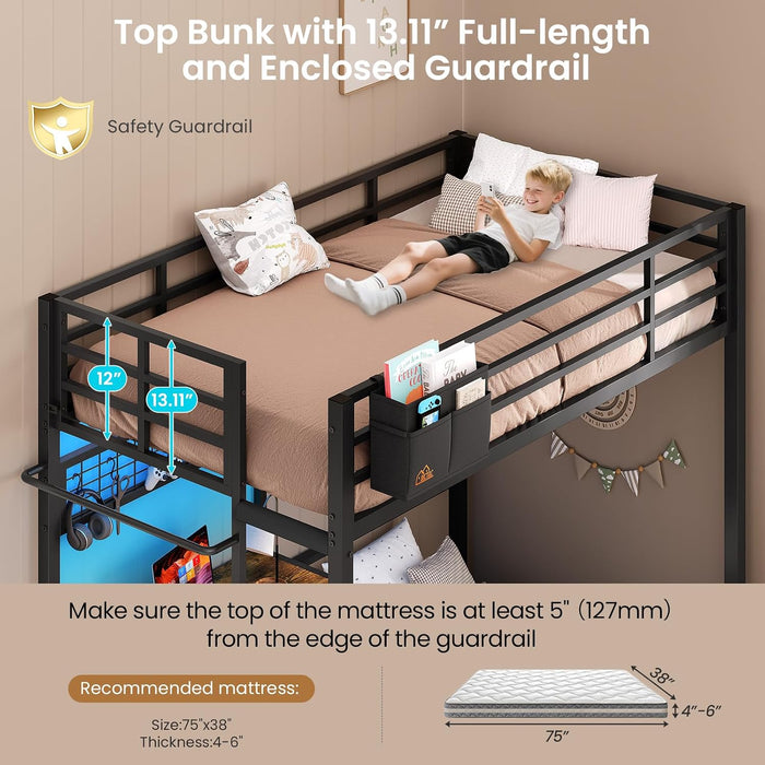 Twin Over Twin Bunk Bed WithDeskIntegrated LEDLighting