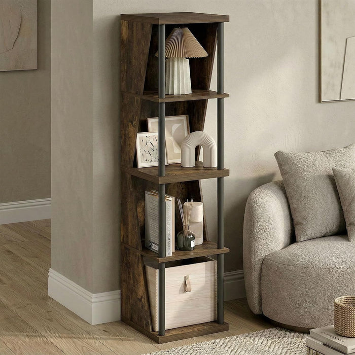 Flexi Book Shelf, 4-Cube Bookshelf, Standing Bookcase, Amber Pine | 15 X 15 X 58.4, DIY Stackable & Separable, Tall, Geometric, for Living Room, Home Office, Bedroom
